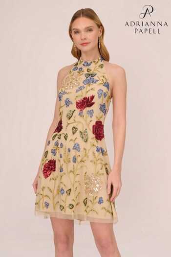 Adrianna Papell Natural Beaded Halter Dress (D16349) | £259