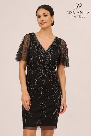 Adrianna Papell Studio Beaded V-Neck Black Short Dress (D16361) | £139