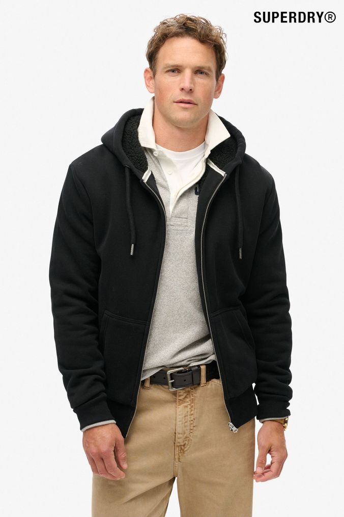 Superdry Black Essential Borg Lined Zip Hoodie (D16542) | £65