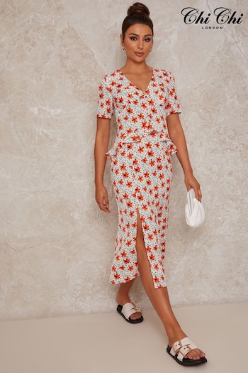 Chi Chi London Cream Short Sleeve Floral Print Midi Day Dress (D16876) | £56
