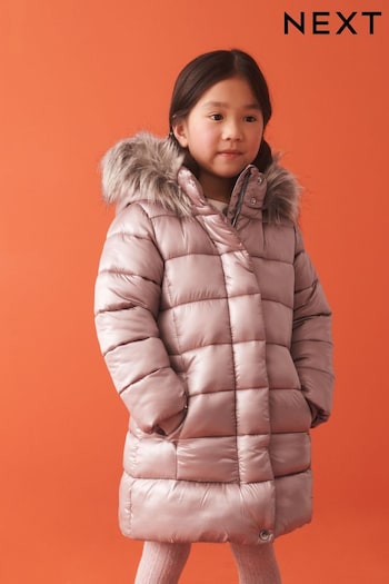 Toffee Pink Shower Resistant Faux Fur Trim Padded Coat (3-16yrs) (D17067) | £37 - £47