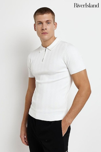 River Island Muscle Ribbed White Knitted accessories Polo Shirt (D17096) | £29