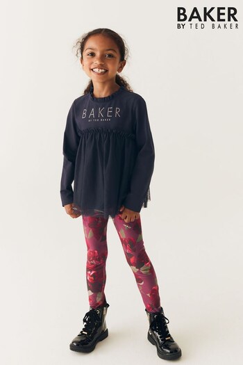 Baker by Ted Baker Navy Floral Lugz Legging and Tulle T-Shirt Set (D17160) | £36 - £40