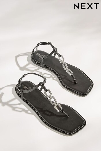 Black Forever Comfort® Flat Sandals With Jewelled Chain Detailing (D17187) | £35