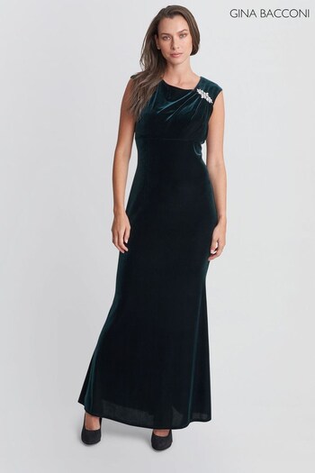 Gina Bacconi Green Edina Maxi Velvet Gown With Asymmetrical Neckline And Embellishment (D17474) | £250