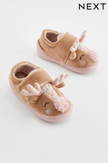 Tan Brown Christmas Reindeer Cupsole Slippers (D17622) | £11 - £13