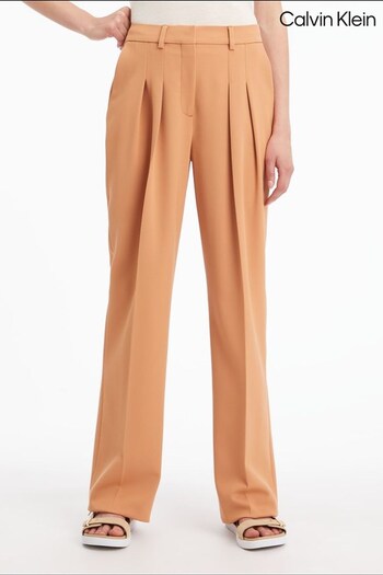 Calvin Klein Brown Wool Twill Pleated Straight Leg Trousers (D17716) | £300