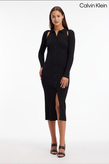 Calvin Klein Black Iconic Rib Shirt Midi Dress (D17718) | £250