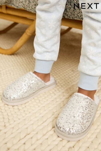 Silver Sequin Faux Fur Lined Mule Slippers (D18010) | £13 - £16