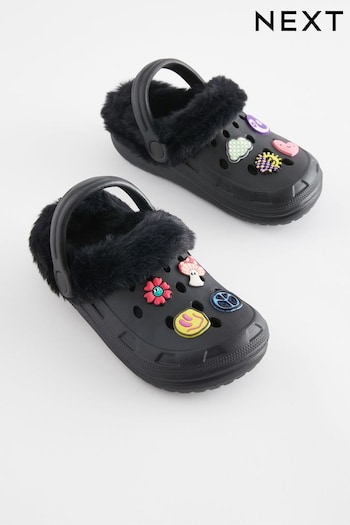 Black Badge Faux Fur Lined Clogs With Ankle Strap (D18016) | £14 - £17