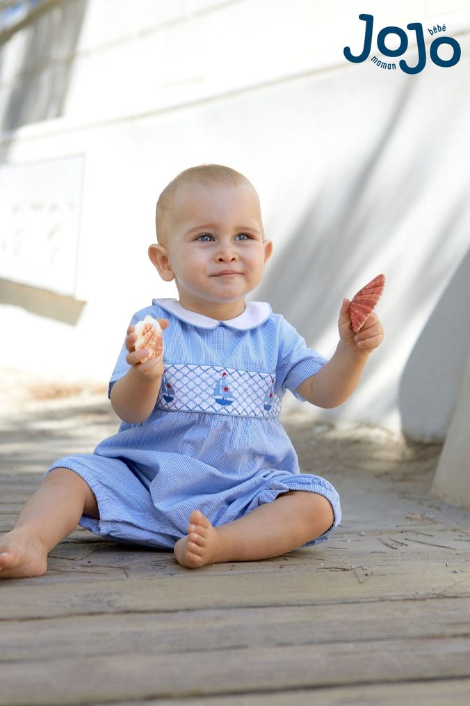 JoJo Maman Bébé Blue Boat Embroidered Nautical Baby Romper (D18291) | £25