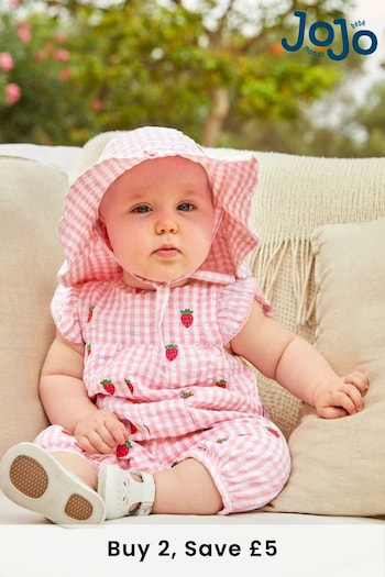 JoJo Maman Bébé Pink Shearling' Gingham Strawberry Embroidered Floppy Sun Hat (D18310) | £14