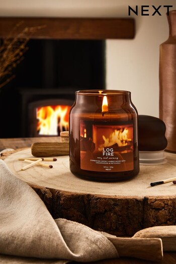 Brown Log Fire Small Jar Candle (D19528) | £8.50