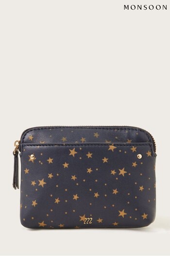 Monsoon Large Blue Leather Star Print Pouch (D19836) | £19