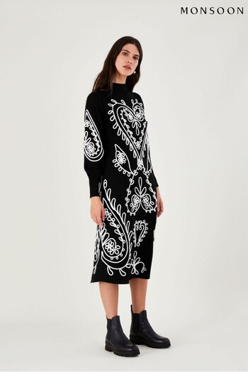Monsoon Heart Cornelli Embroidery Knit Black Dress (D19867) | £120