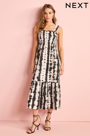 Black/White Tie Dye Cotton Maxi Shirred Dress (D20137) | £38