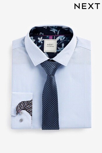 White/Navy Blue Check Slim Fit Single Cuff Shirt And Tie Set (D20178) | £36