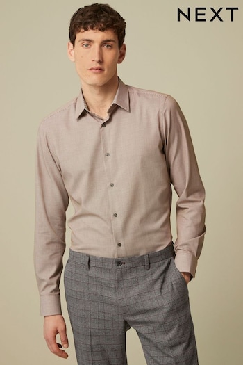 Neutral Brown Slim Fit Textured Trimmed Single Cuff Shirt (D20196) | £30