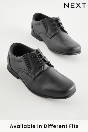 Black Wide Fit (G) School Leather Lace-Up Silver Shoes (D20198) | £28 - £39