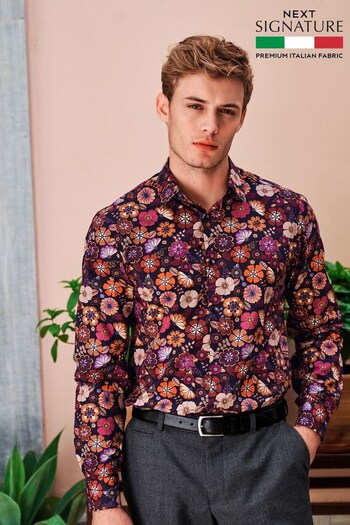 Burgundy Red Floral Regular Fit Single Cuff Signature Made In Italy Texta Print Shirt (D20208) | £48
