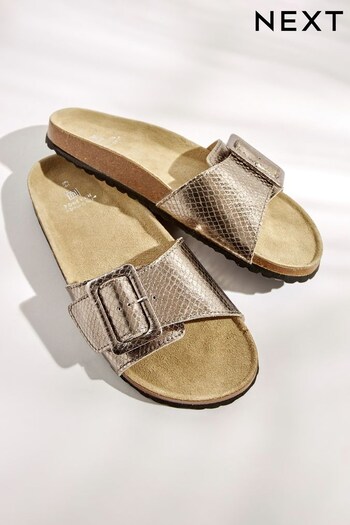 Pewter Forever Comfort® Leather Single Strap Footbed Sandals (D20931) | £28