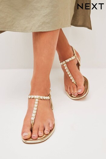 Gold Pearl Detail Toe Post Flat Sandals (D20933) | £36