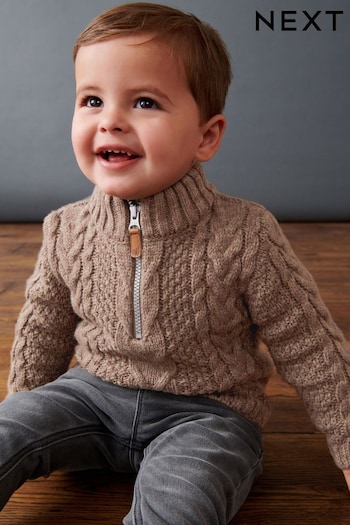Mink Brown Zip Neck Chunky Cable Jumper (3mths-7yrs) (D20988) | £15 - £19