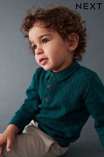 Green Textured Long Sleeve Knitted cotto Polo Shirt (3mths-7yrs) (D21006) | £12 - £14