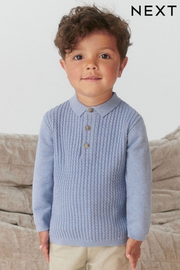 Blue Cable Knit Smart Long Sleeve Polo Set Shirt (3mths-7yrs) (D21009) | £12 - £14
