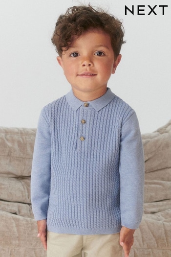 Blue Cable Knit Smart Long Sleeve Polo Polospieler-Logo Shirt (3mths-7yrs) (D21009) | £12 - £14