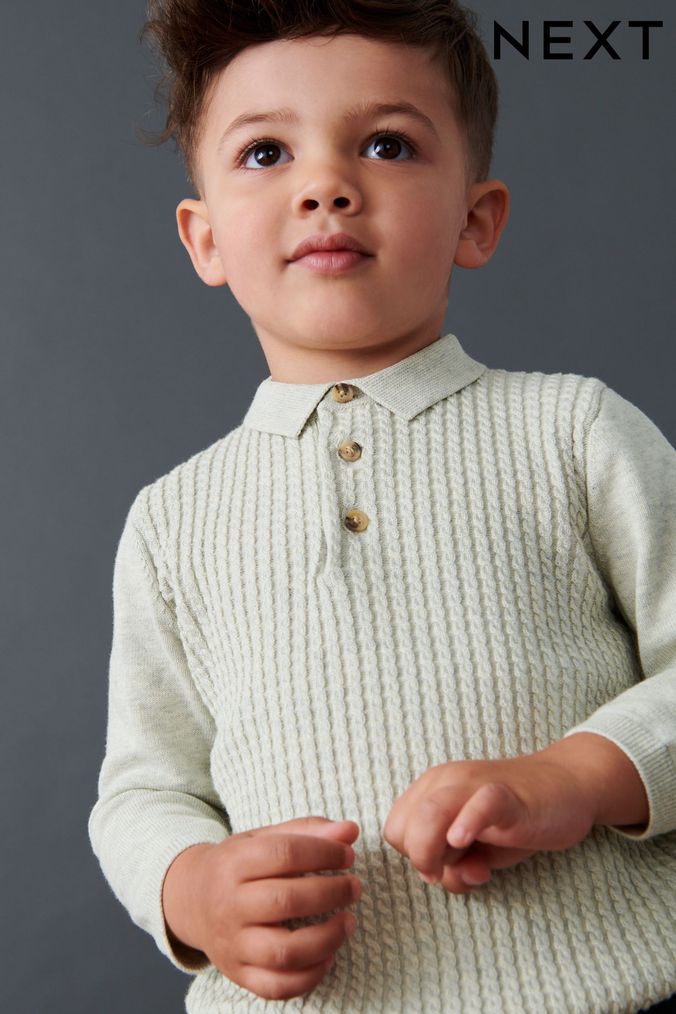 Grey Cable Knit Smart Long Sleeve Polo Shirt (3mths-7yrs) (D21011) | £12 - £14