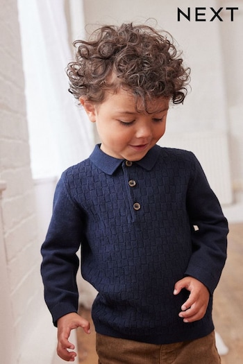 Navy Blue Textured Long Sleeve Knitted Spark Polo Shirt (3mths-7yrs) (D21012) | £12 - £14