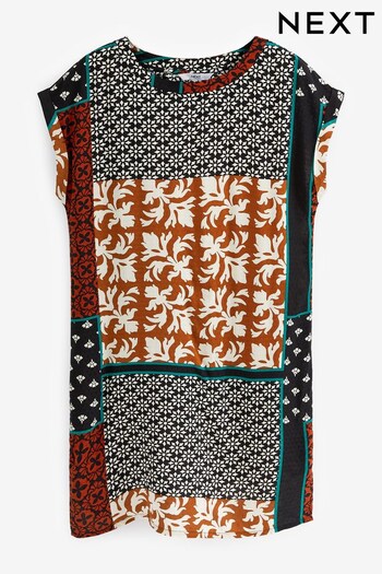 Rust Brown Scarf Print Short Sleeve Mini T-Shirt Dress (D21724) | £20