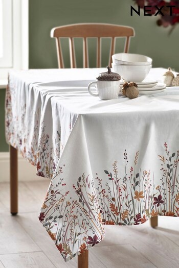 White Autumnal Floral Border Table Cloth (D21769) | £34 - £42