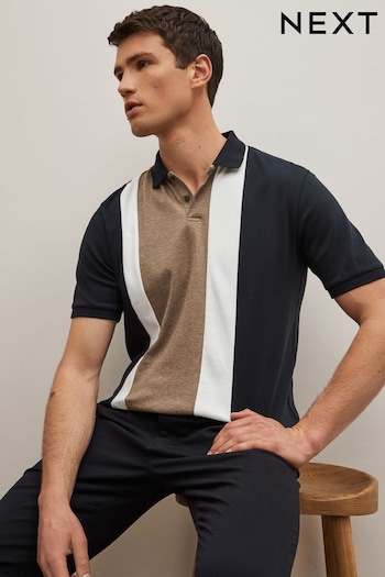Tan Brown/Navy Blue Vertical Block Polo Shirt (D21890) | £30