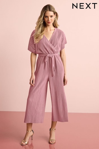Rose Pink Short Sleeve Plissé Jumpsuit (D21949) | £40