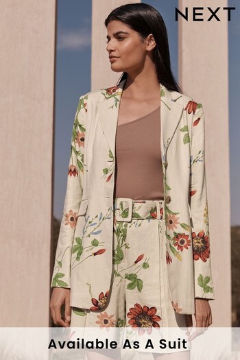 Ecru Neon Floral Single Breasted Blazer With Linen (D21983) | £53