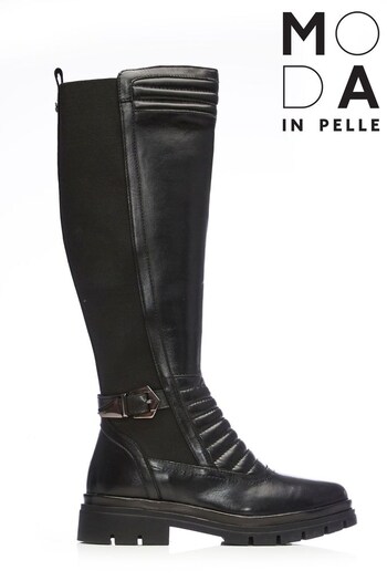 Moda In Pelle Long Quilt Front Black Boots With Buckle (D22097) | £190