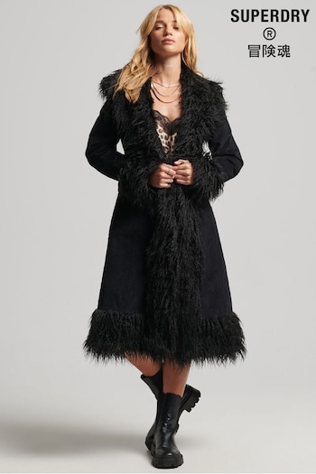 Superdry Black Faux Fur Lined Longline Afghan Coat (D22176) | £145