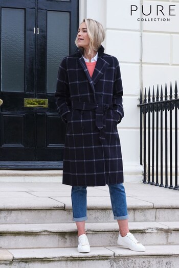 Pure Collection Blue Double Wool Faced Check Midi Coat (D22466) | £299