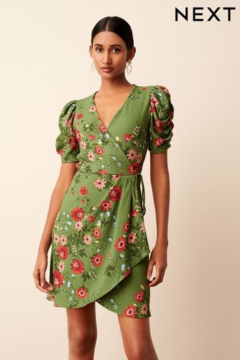 Green Ditsy Floral Short Sleeve V-Neck Wrap Mini Dress solar (D23227) | £28