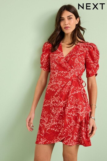 Red Sprig Floral Short Sleeve V-Neck Wrap Mini Dress (D23255) | £28