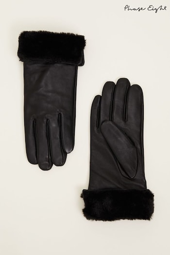 Phase Eight Black Faux Fur Trimmed Leather Gloves (D23406) | £45