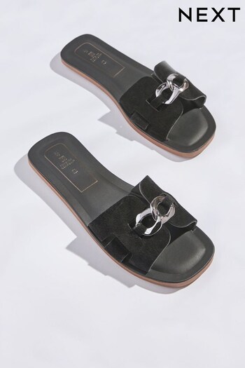 Black Extra Wide Fit Forever Comfort® Leather Chain Detail Mule Sandals (D23554) | £26