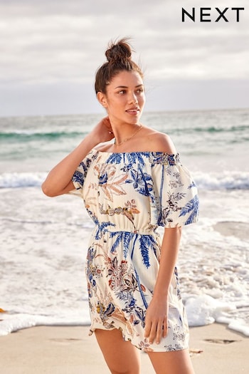 Ecru Palm Print Off Shoulder Playsuit (D23811) | £14.50