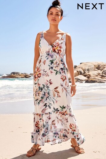 White Floral Halter Plunge Maxi Summer Dress (D23819) | £50