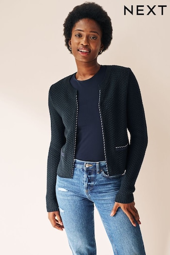 Navy Blue Jacket Style Knitted Cardigan With Metallic Trim (D23844) | £42