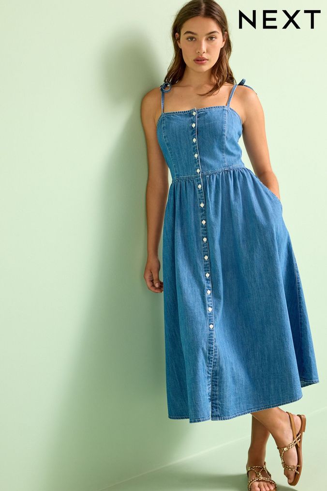 Blue Button Through Denim Summer Dress (D24036) | £44