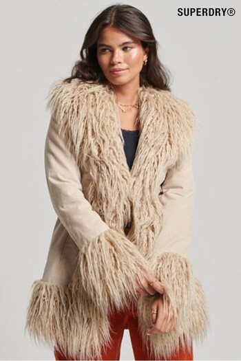 Superdry Cream Faux Fur Lined Afghan Coat (D24440) | £93