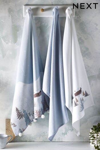 Set of 3 Blue Christmas Scene 100% Cotton Tea Towels (D24500) | £12